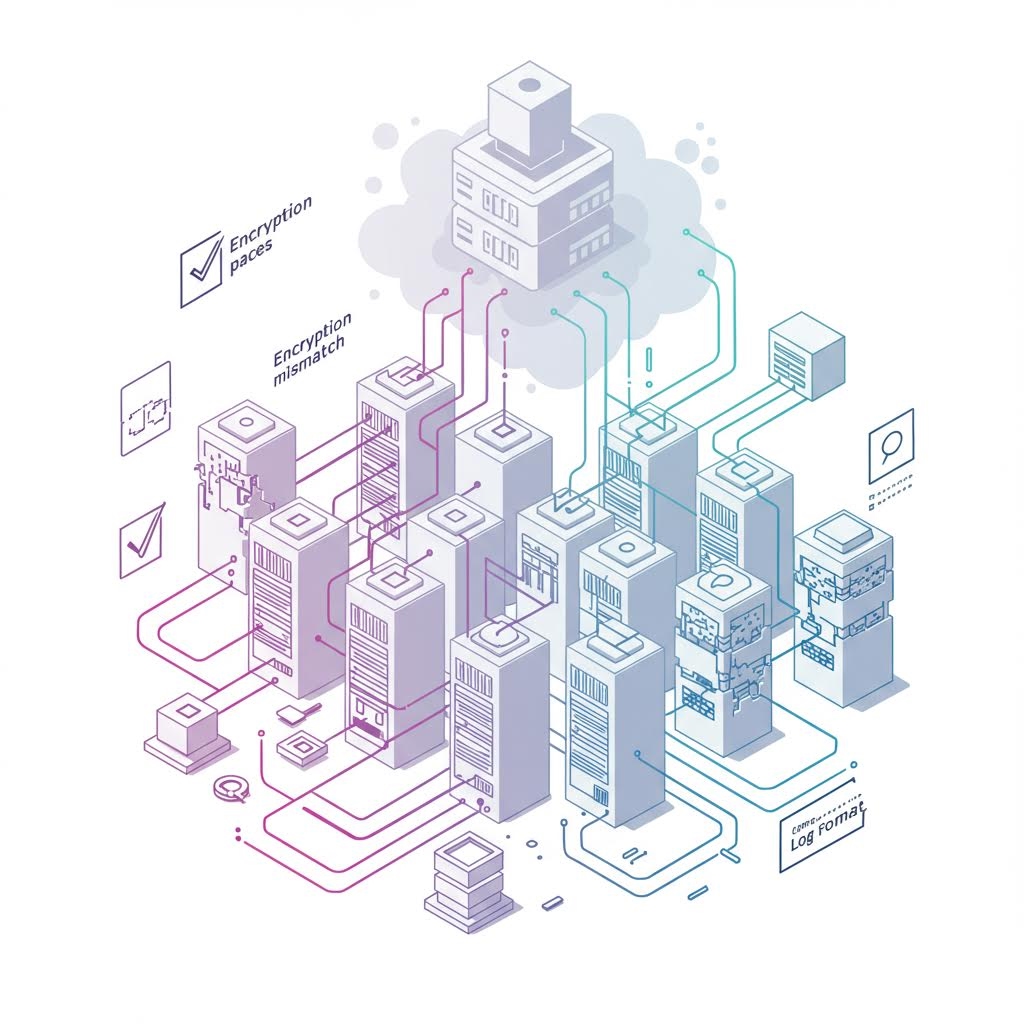 데이터 센터 인프라의 아이소메트릭 다이어그램. 암호화 단계, 암호화 불일치, 로그 형식 등이 표시된 보라색과 청록색 서버들이 중앙 건물을 중심으로 배치되어 보안 데이터 흐름을 나타냄