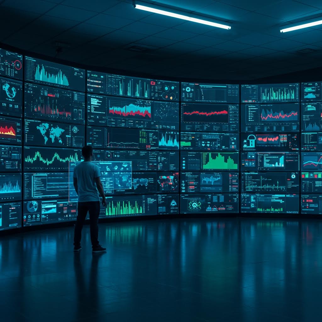 대형 사이버 보안 운영 센터의 모니터링 룸. 벽면을 가득 채운 수십 개의 스크린에 실시간 데이터 시각화, 네트워크 트래픽 그래프, 세계 지도, 보안 지표들이 표시되어 있으며, 한 명의 분석가가 스크린들을 관찰하고 있음