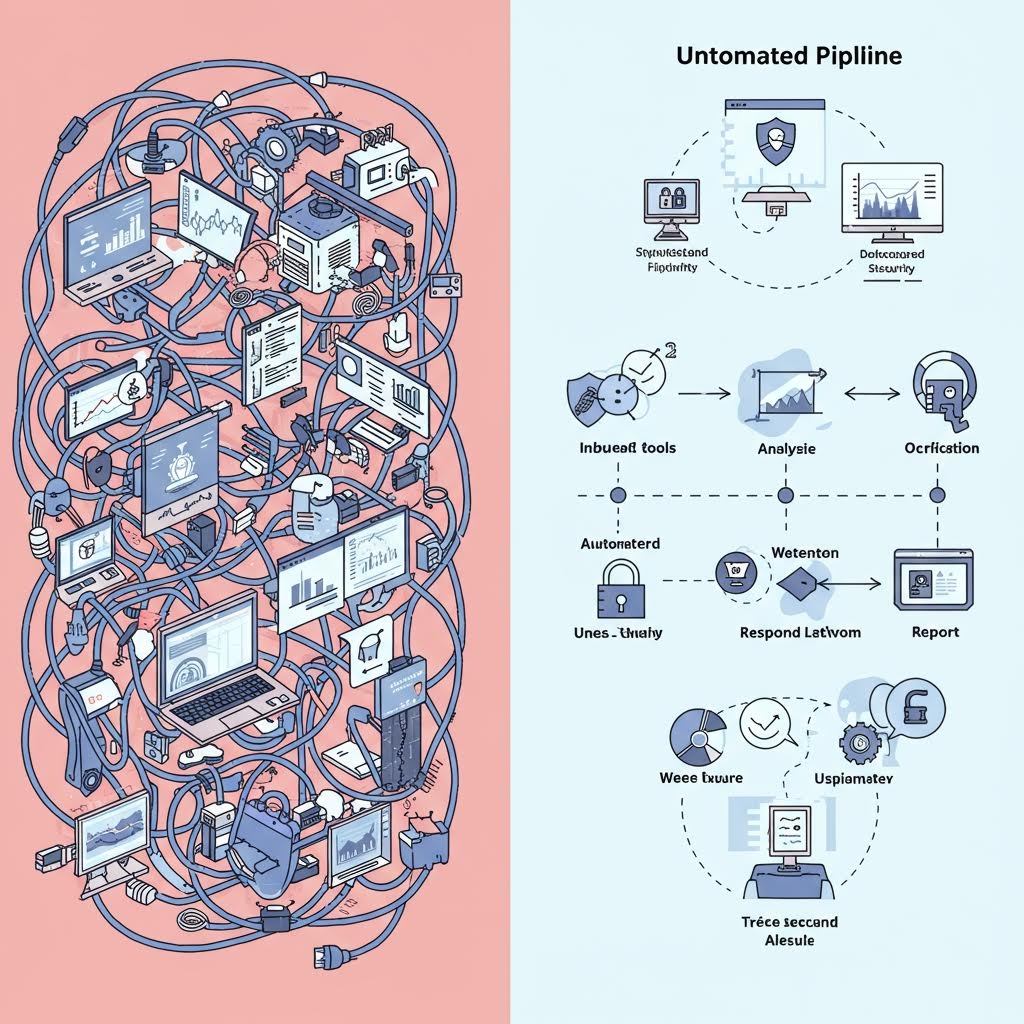 자동화되지 않은 파이프라인과 자동화된 파이프라인을 대조하는 일러스트. 왼쪽에는 복잡하게 얽힌 케이블과 시스템이, 오른쪽에는 표준화된 보안, 데이터 중심 보안, 내장 도구, 분석, 오케스트레이션, 자동화된 응답 등을 포함한 체계적인 워크플로우가 표시됨