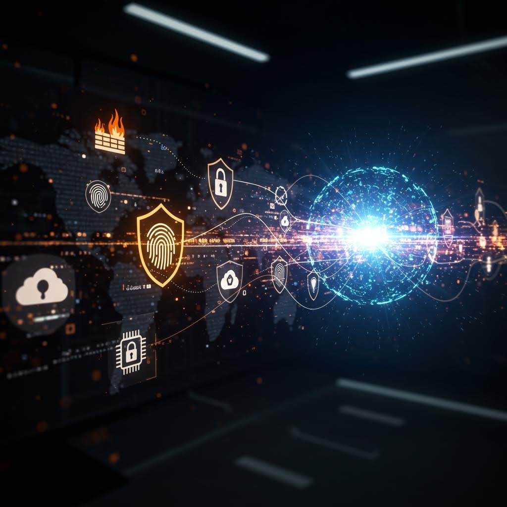 네트워크 보안 아키텍처를 시각화한 디지털 이미지. 중앙의 빛나는 구체를 중심으로 방화벽, 클라우드 보안, 생체 인증, 암호화 칩 등 다양한 보안 요소들이 상호 연결된 네트워크로 표현됨
