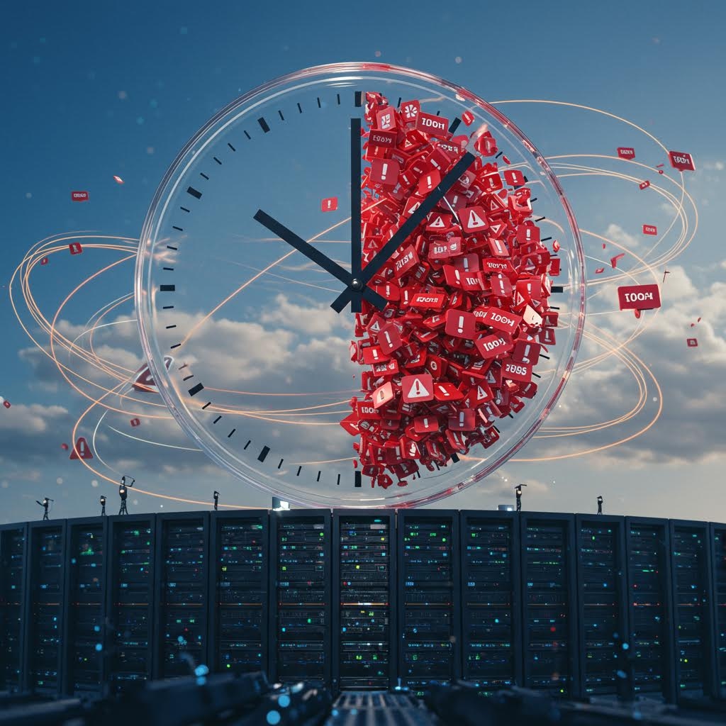 사이버 보안 경고 시스템을 시각화한 개념적 이미지. 투명한 시계 안에 빨간색 경고 아이콘들이 쌓여있고, 서버 랙 위로 궤도를 그리며 회전하는 모습. 실시간 위협 모니터링을 상징함