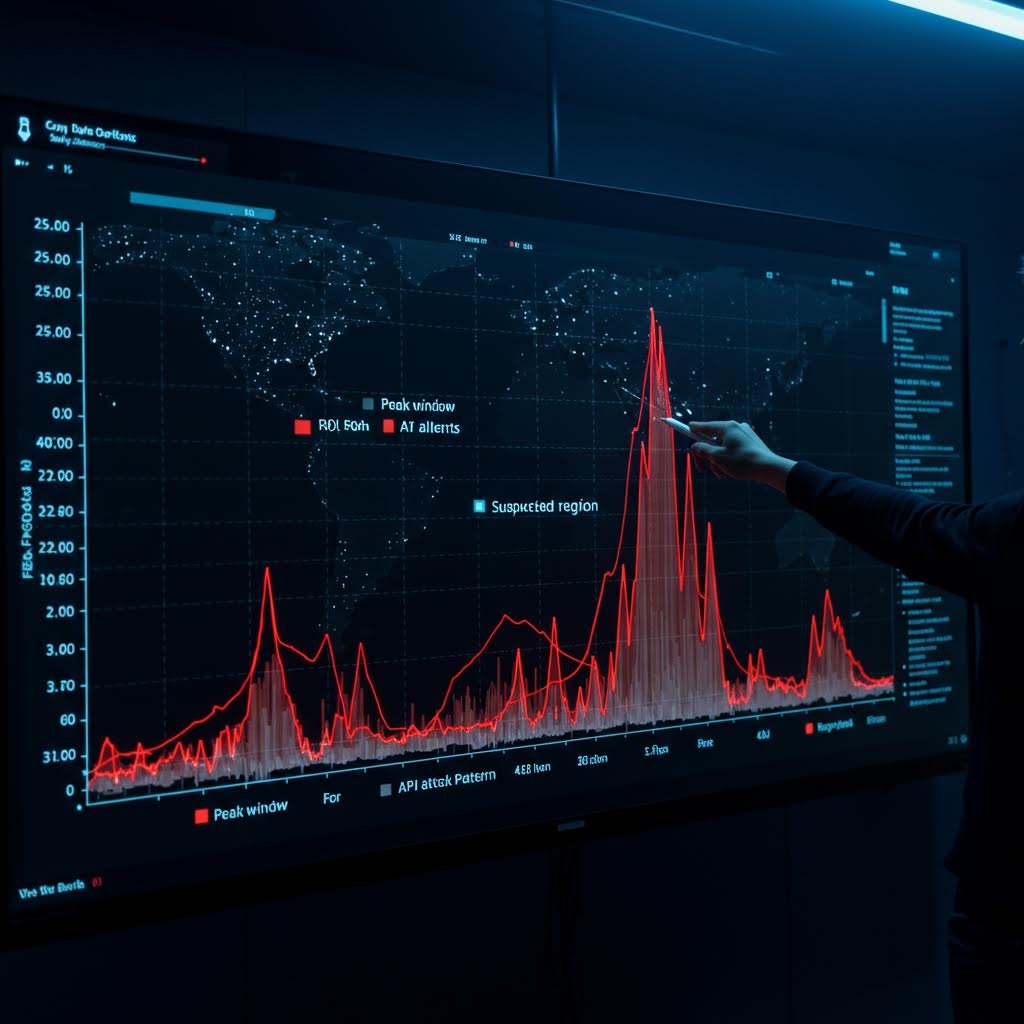 사이버 보안 분석 대시보드를 보여주는 화면. API 공격 패턴, ROI 50번째 백분위수, AI 알림을 표시하는 붉은색 그래프와 함께 미국 지도가 점으로 표시되어 있으며, 의심 지역과 피크 시간대가 강조됨