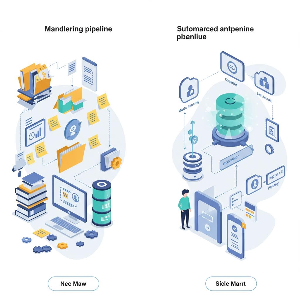 수동 파이프라인과 자동화된 앤트페닌 파이프라인을 비교하는 아이소메트릭 일러스트레이션. 왼쪽에는 복잡하게 연결된 수동 프로세스가, 오른쪽에는 정리된 자동화 워크플로우가 표시됨
