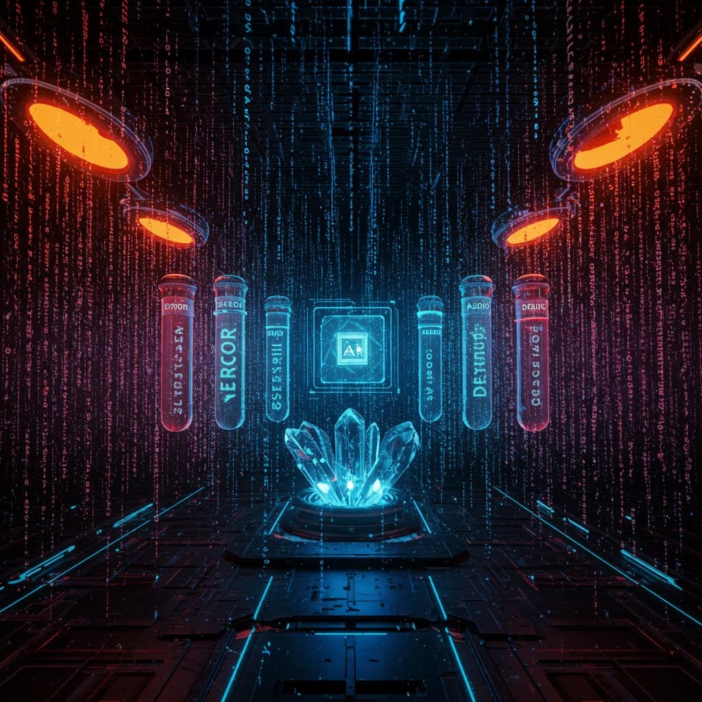 AI 기반 사이버 보안 시스템을 표현한 미래지향적 3D 렌더링. 중앙에 AI 칩이 있고, 주변에 오류, MERCOR, 세션, 오디오, 파괴, 관찰이라고 표시된 시험관들이 배치되어 있으며, 매트릭스 스타일의 디지털 코드 배경이 있음