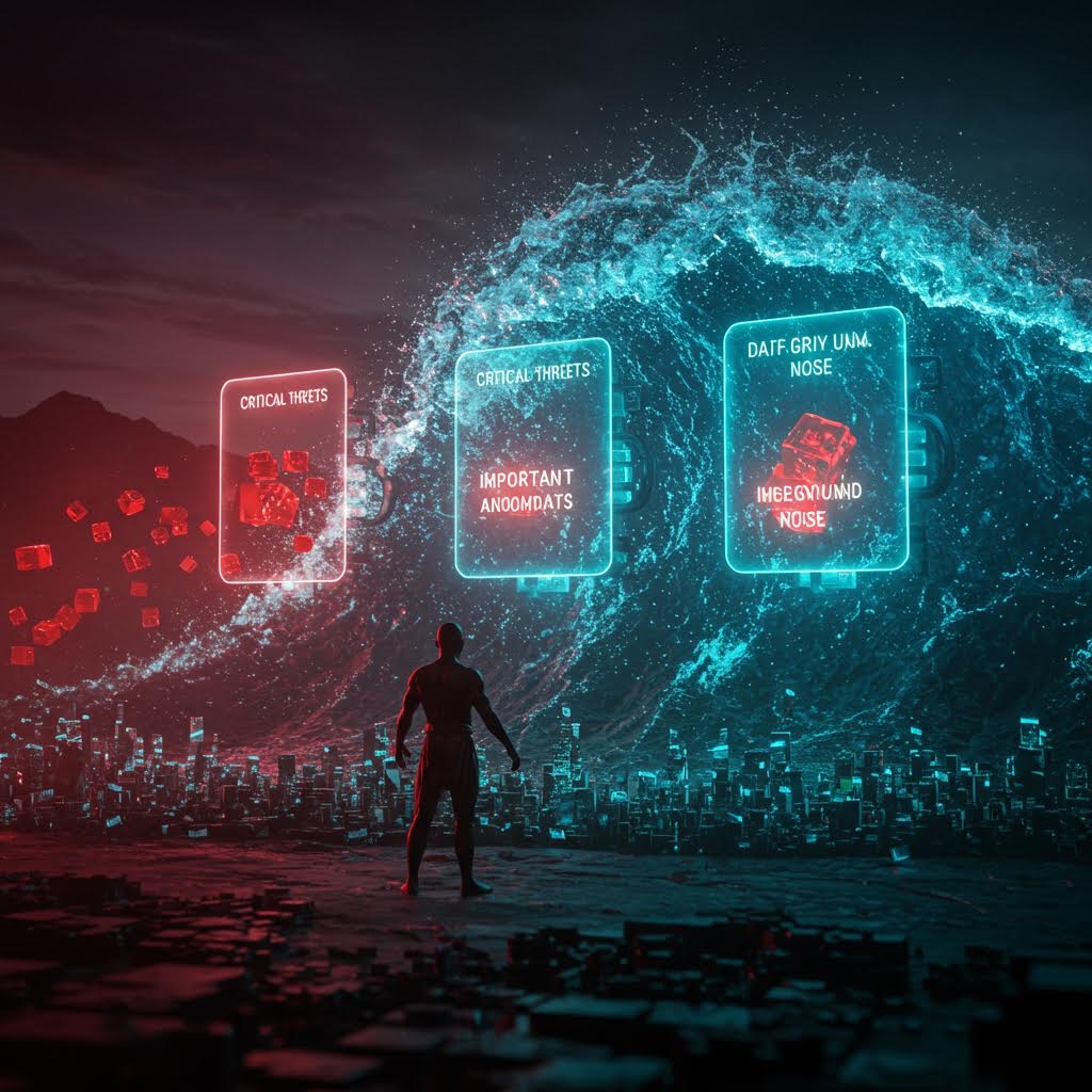 사이버 보안 위협을 시각화한 디지털 아트워크. 거대한 파도 형태로 표현된 데이터 흐름 앞에 서 있는 인물과 함께, 중요 위협, 중요한 이상 징후, 배경 노이즈를 분류하는 홀로그램 패널들이 표시되어 있음