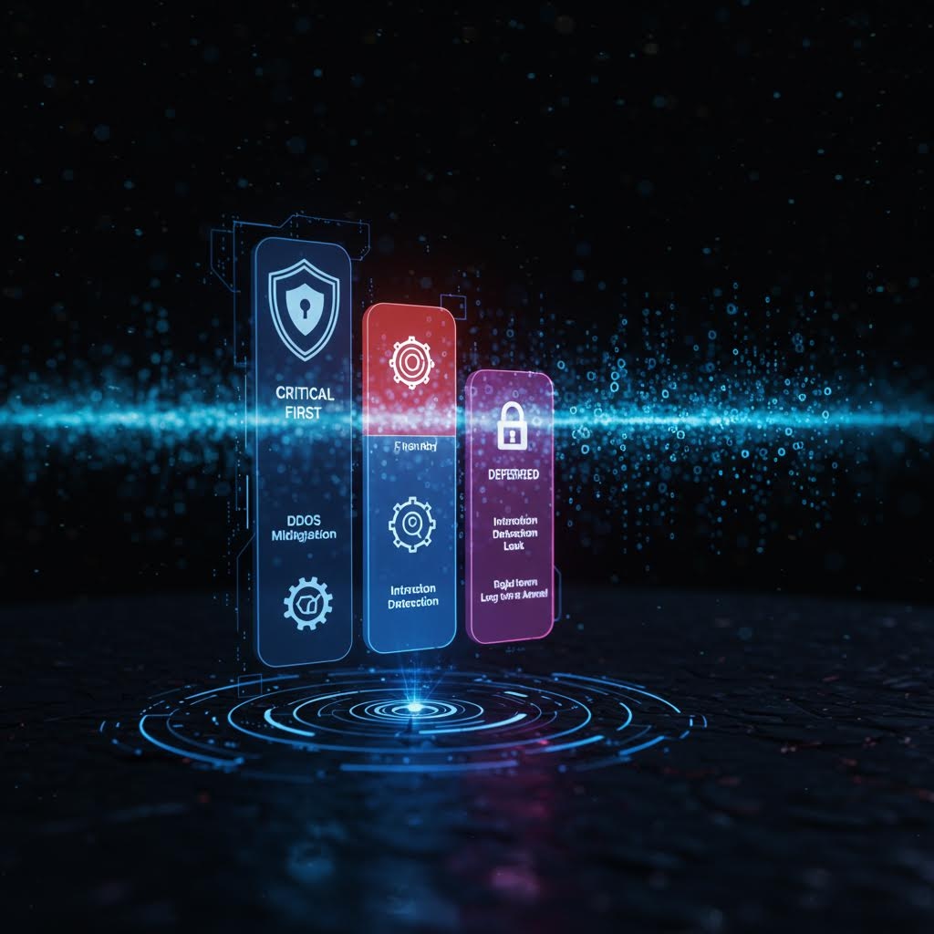 사이버 보안 우선순위 시스템을 보여주는 3D 홀로그램. DDoS 완화 및 침입 탐지 기능을 갖춘 '긴급 우선' 패널, 침입 탐지 기능의 '우선순위' 패널, 침입 탐지 누수 및 골드타운 긴급 도착 알림이 있는 '연기됨' 패널로 구성됨