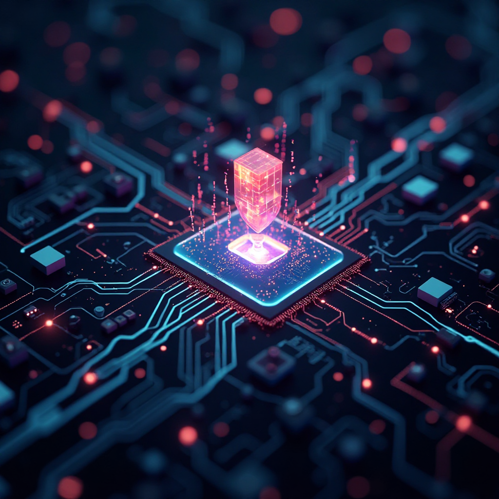 중앙 프로세서 위에 시각화된 디지털 데이터 보호 구조