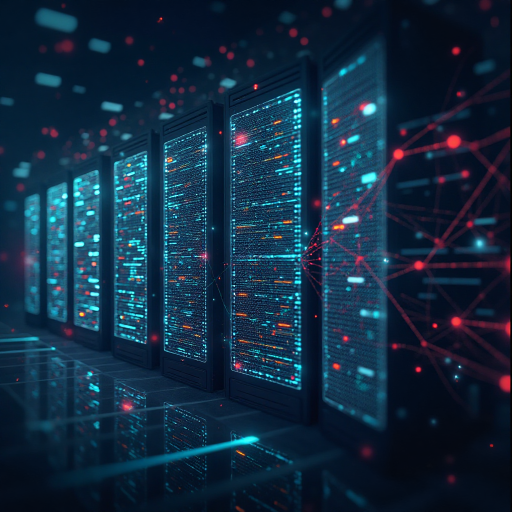 빅데이터가 저장된 서버 랙의 미래형 데이터 센터