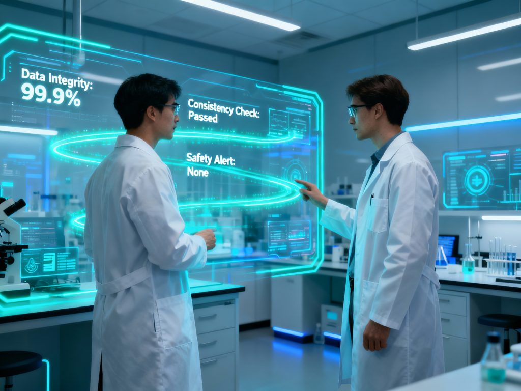 데이터 무결성을 점검하는 연구원들의 디지털 실험