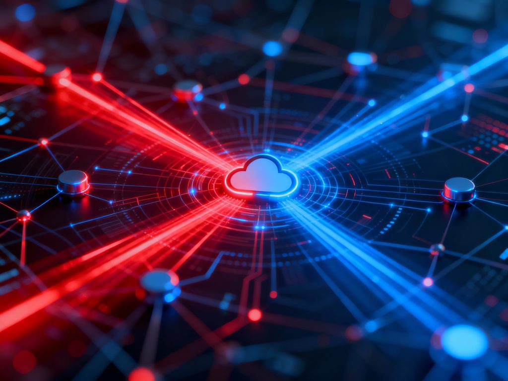 빨간색과 파란색 네트워크가 교차하는 데이터 허브