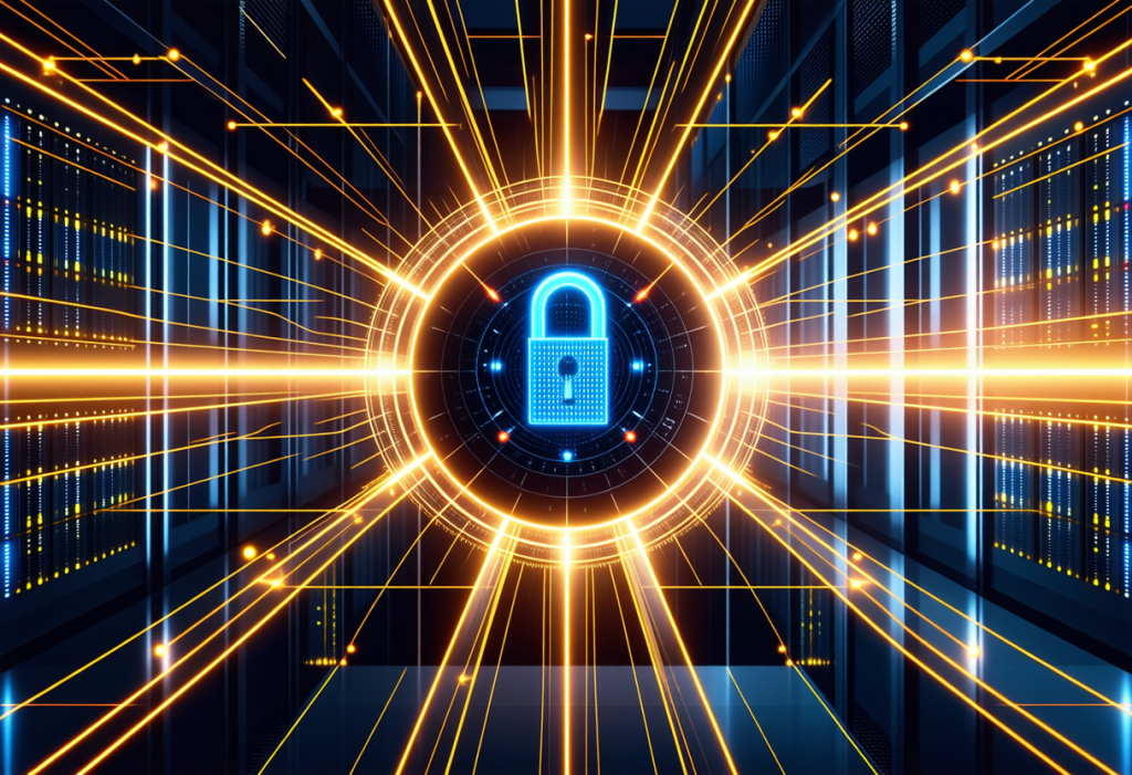 디지털 네트워크 중심의 보안 잠금 아이콘 시각화