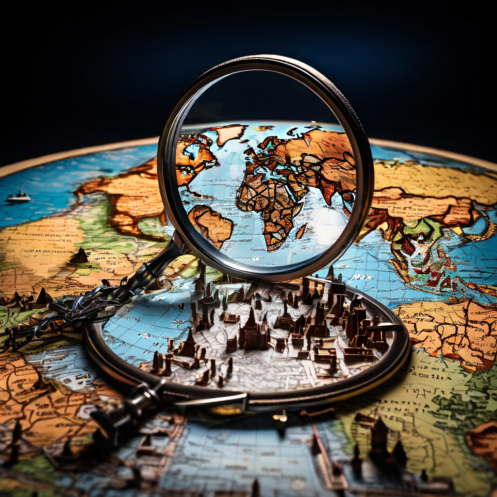 흰 바탕에 놓인 복잡하게 얽힌 세계지도 위에 확대경이 놓여 있고, 그 안에는 교차하는 국제 항공 노선과 규정 문서가 선명하게 보입니다.