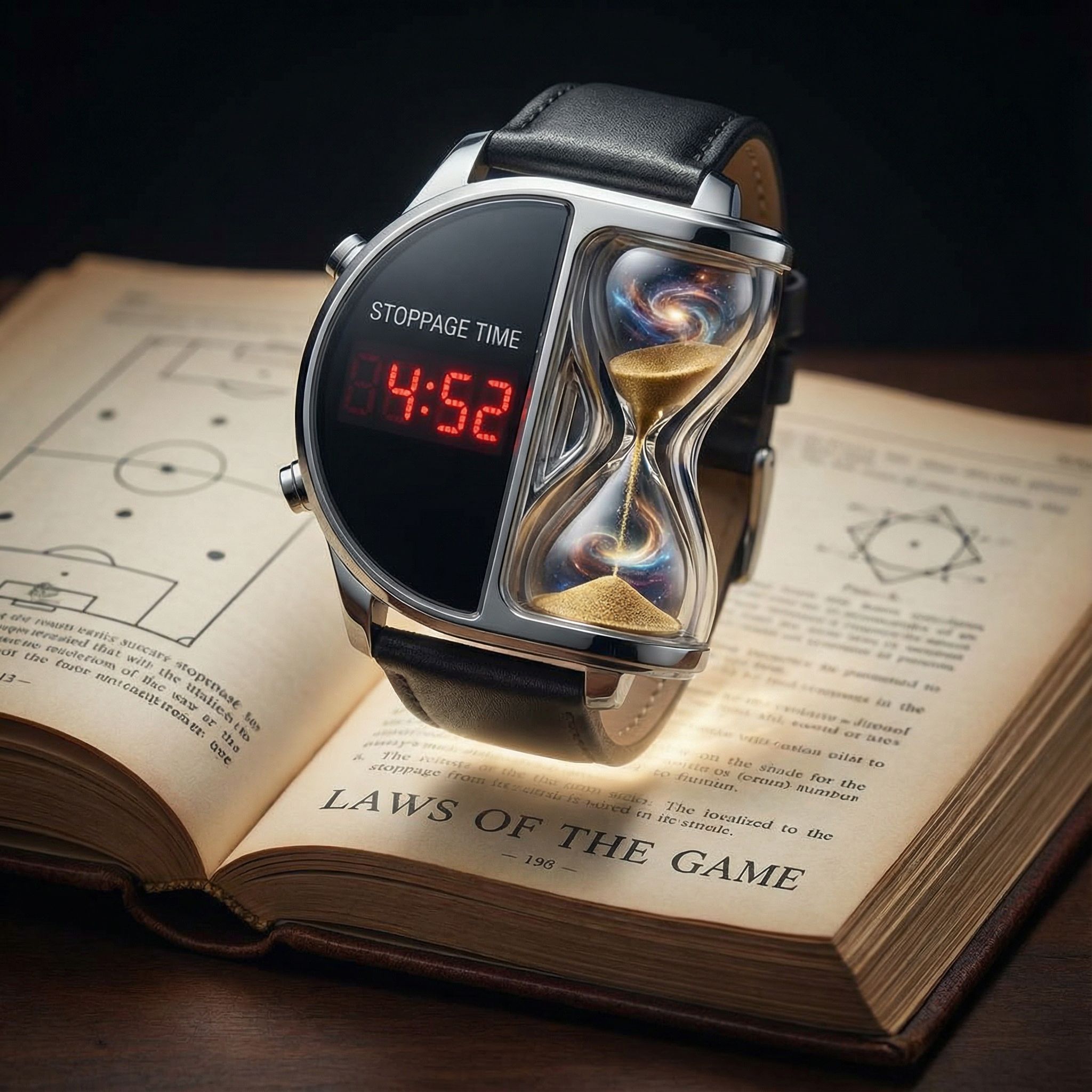 축구 심판의 시계가 규정집 가장자리에 떠 있으며, 절반은 정확한 숫자, 나머지 절반은 흐르는 모래시계 형태의 추상적 모습이다.