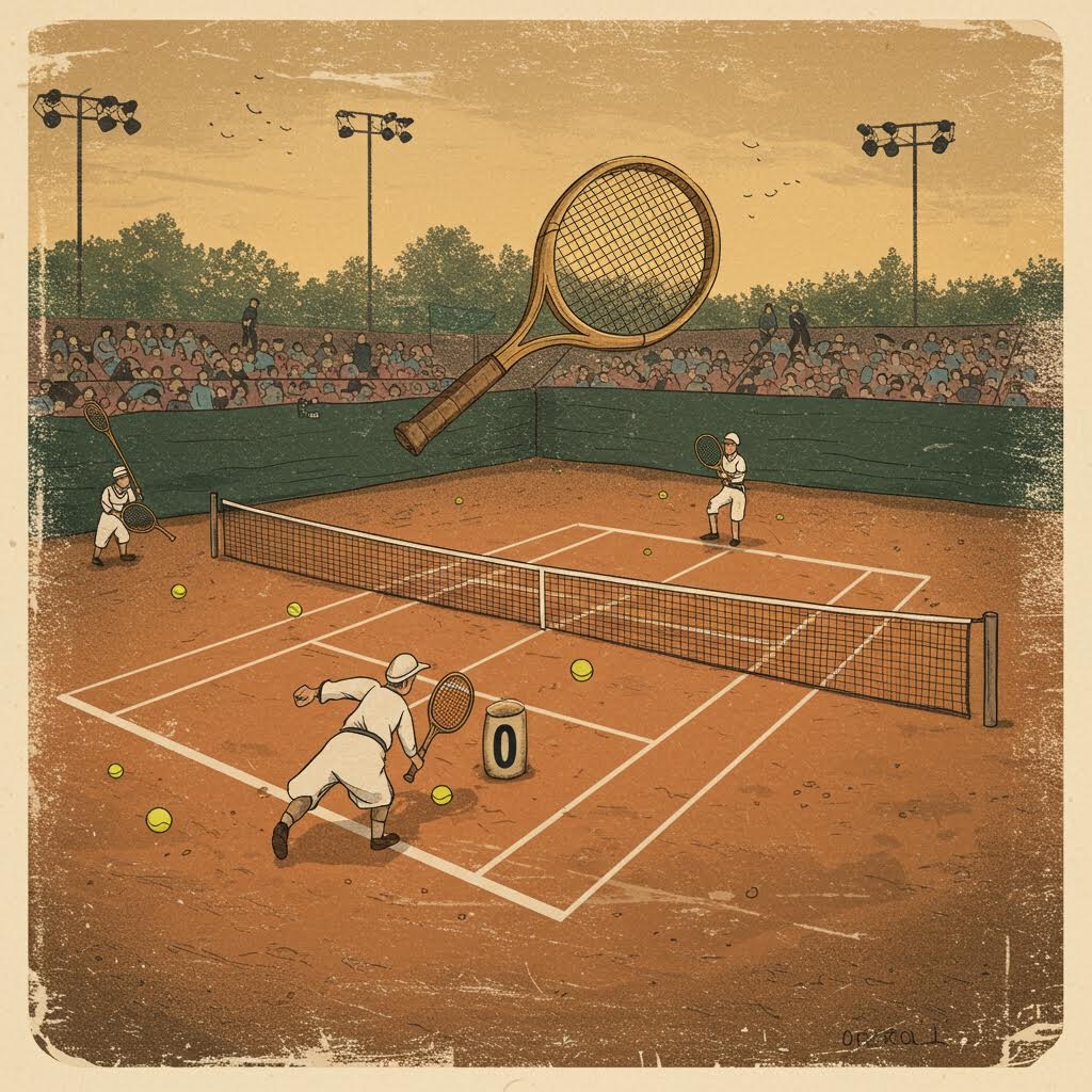 빈티지 스타일 테니스 경기 일러스트 - 클레이 코트에서 흰색 유니폼 입은 선수들이 경기 중이고 중앙에 거대한 테니스 라켓, 가득 찬 관중석, 세피아 톤의 복고풍 예술 스타일
