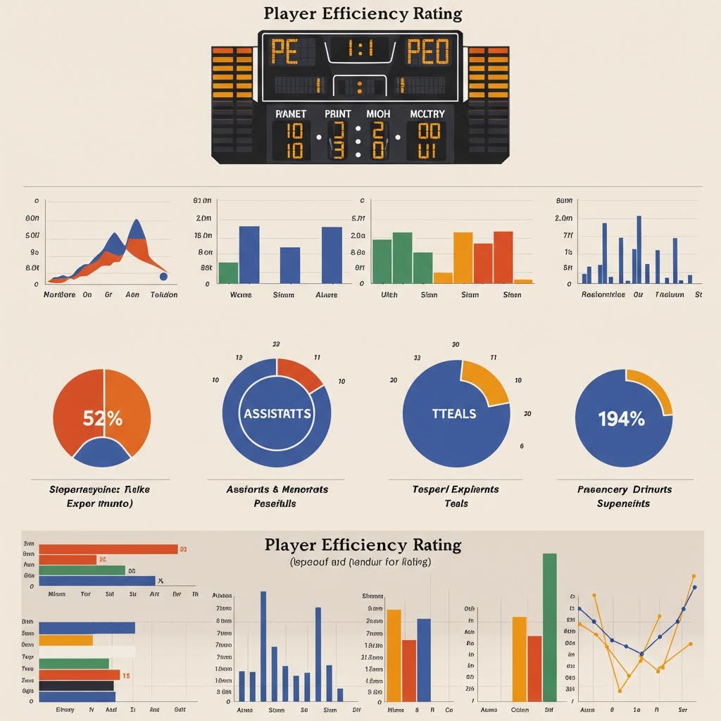 선수 효율성 등급 대시보드 - 상단 PE 대 PEO 전광판 점수판, 다양한 막대 그래프, 52% 및 194% 파이 차트, ASSISTATTS, TTEALS 도넛 차트 등 종합 통계 시각화