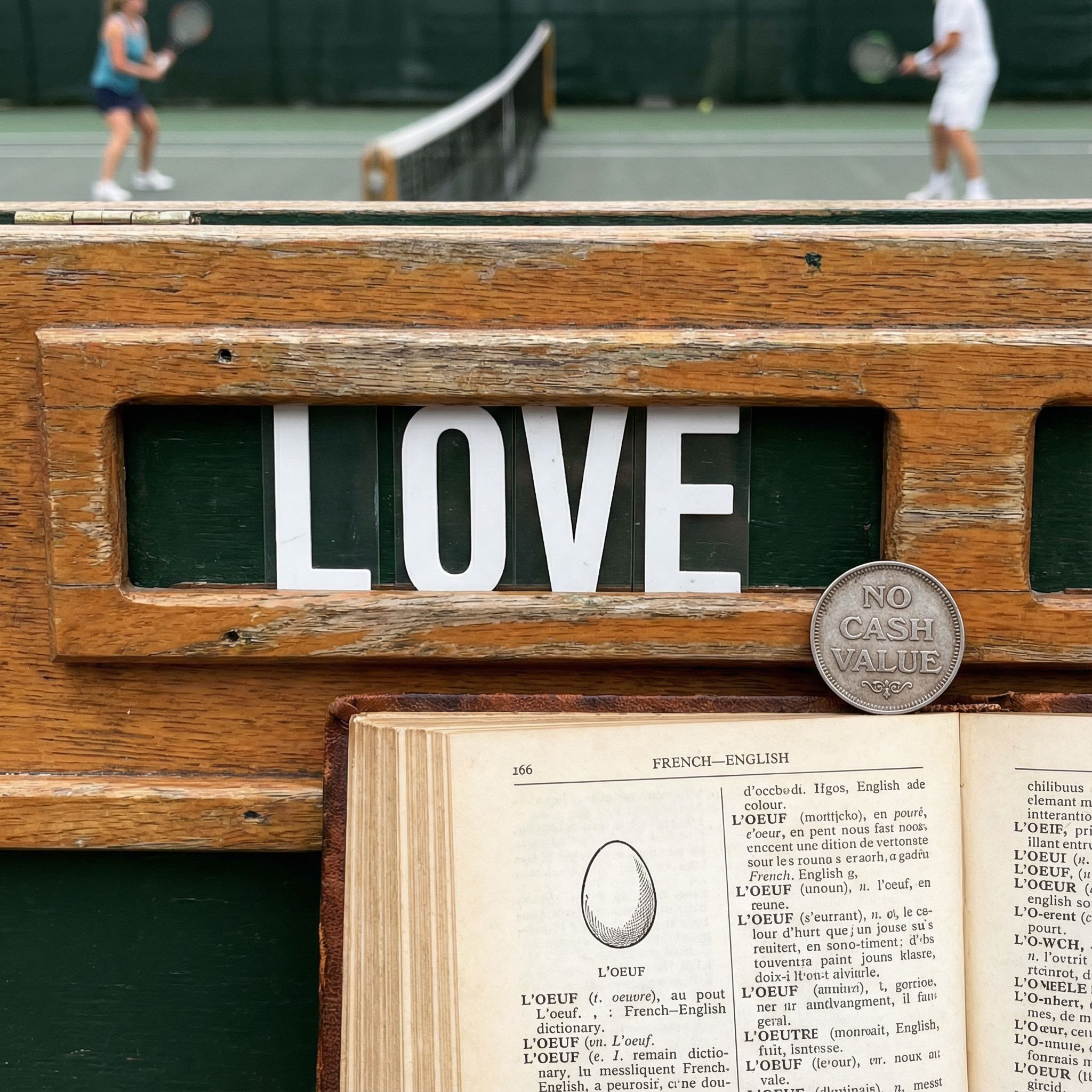 테니스 점수판에 표시된 '러브' 글자와 동전, 프랑스어 사전이 합쳐져 그 단어의 어원을 보여주는 모습이다.