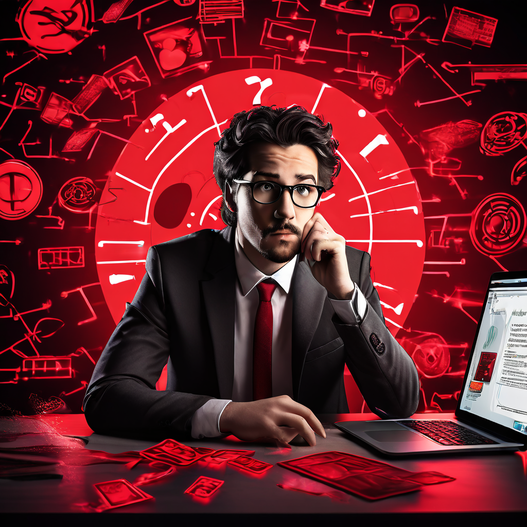 컴퓨터 앞에서 당황한 사람과 거래를 막는 큰 빨간 정지 표지판, 배경에는 흐름도와 물음표가 떠 있습니다.