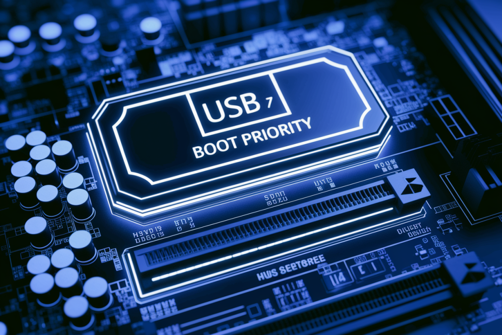 메인보드 위에 USB 부팅 우선순위가 강조된 시스템 바이오스 콘셉트 이미지