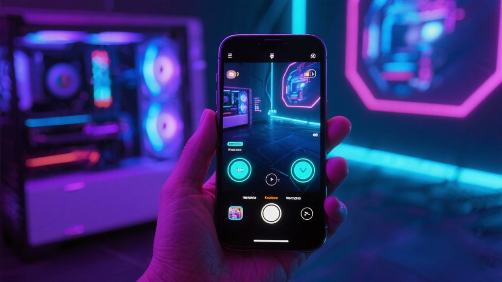 네온 조명이 비치는 공간을 스마트폰 카메라로 촬영하는 화면이 나타난 이미지