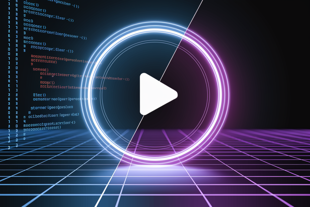 네온 링과 재생 버튼 뒤로 개발 코드가 보이는 디지털 플레이 인터페이스
