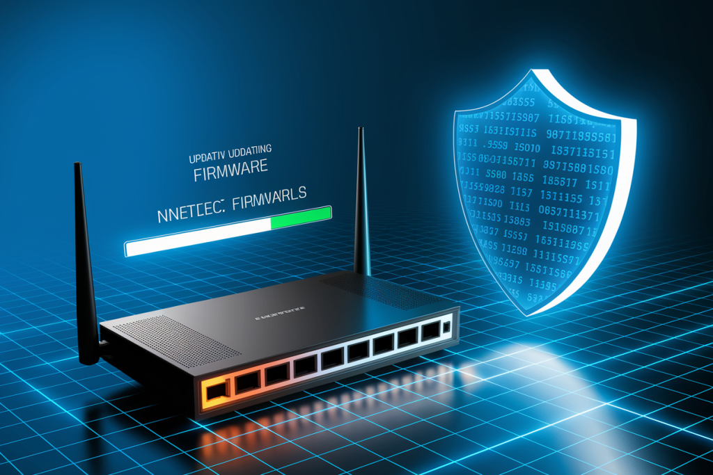 라우터 펌웨어 업데이트 진행 표시와 보안 실드 아이콘이 함께 나타난 디지털 UI