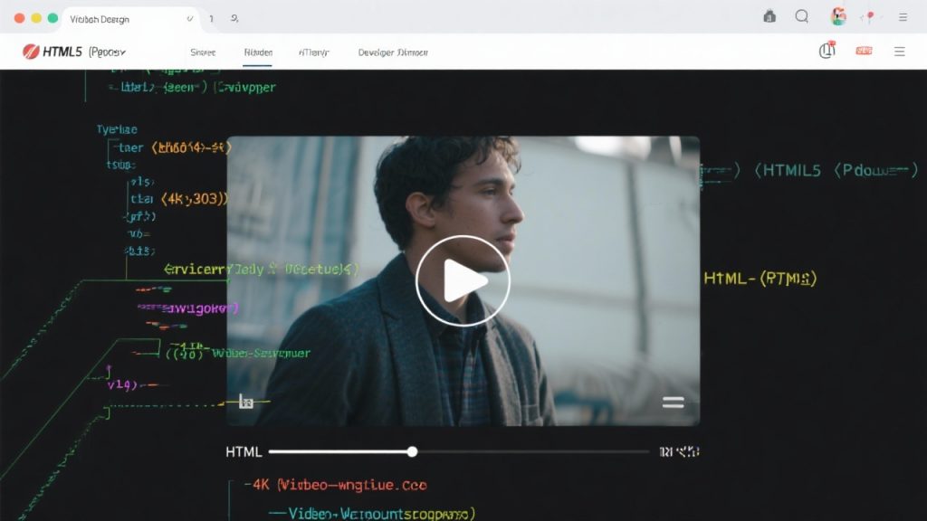 HTML5 코드 배경 위에 동영상 플레이어가 재생 준비 상태로 표시된 웹 화면