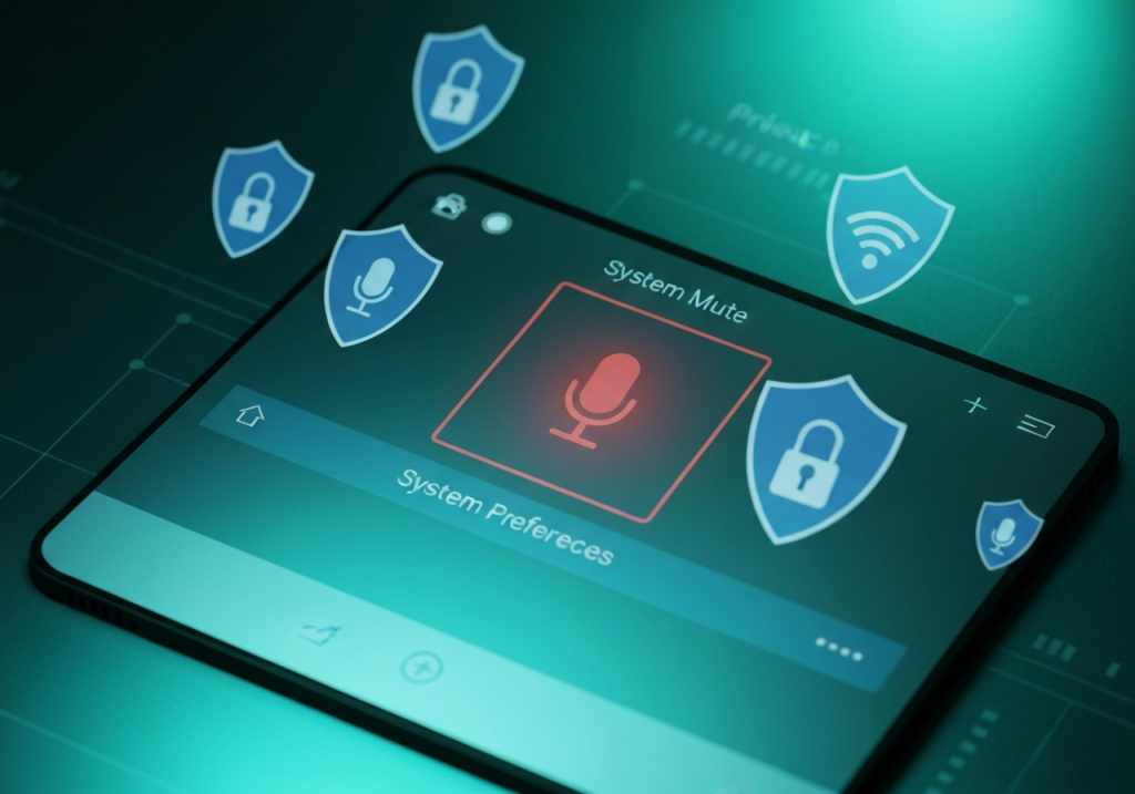 마이크 음소거 버튼과 보안 실드 아이콘이 강조된 시스템 보안 인터페이스