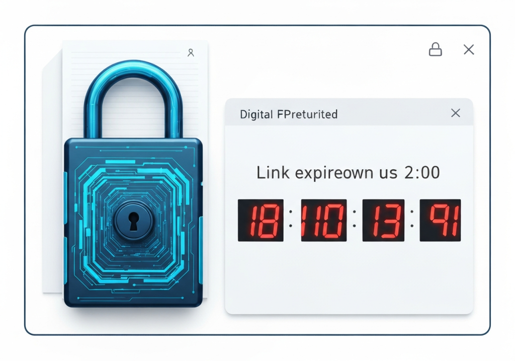 디지털 자물쇠 아이콘과 링크 만료 시간을 표시하는 타이머 UI