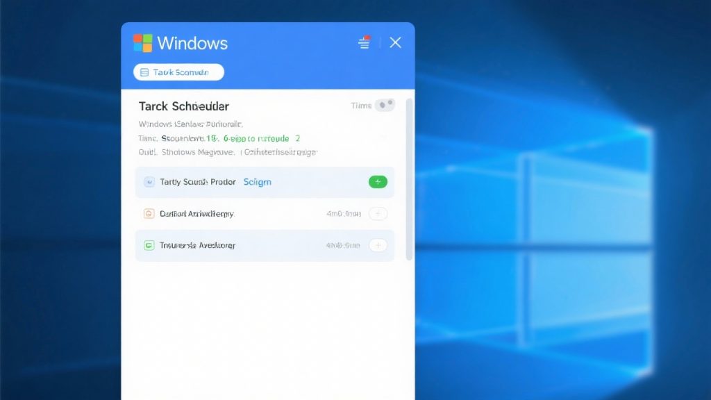 윈도우 작업 스케줄러 설정 화면이 밝은 블루 배경 위에 표시된 이미지