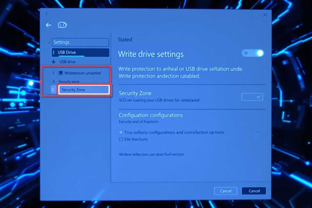 USB 드라이브 보안 존 설정 화면과 쓰기 보호 옵션이 표시된 윈도우 설정 UI