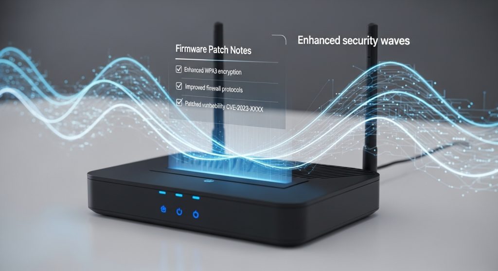 펌웨어 패치 노트와 강화된 보안 파장이 시각화된 무선 라우터 이미지