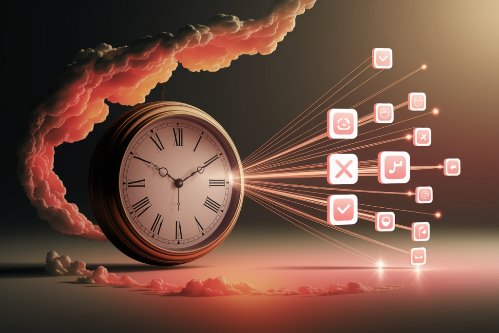 구름 속 시계에서 여러 앱 아이콘이 흘러나오는 시간 관리 콘셉트 일러스트