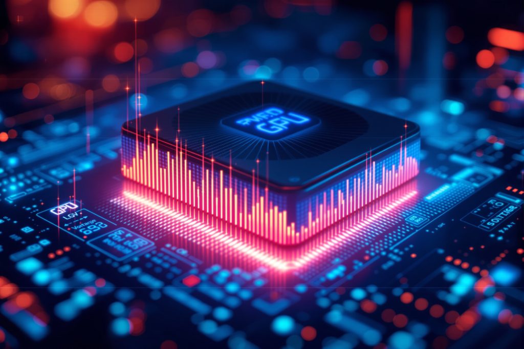 GPU 칩셋 위로 성능 그래프와 발열 시각화 효과가 나타난 디지털 하드웨어 이미지