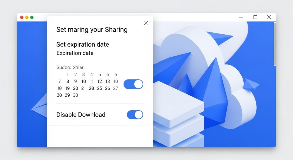 만료 날짜 설정과 다운로드 비활성화 옵션이 포함된 파일 공유 설정 창