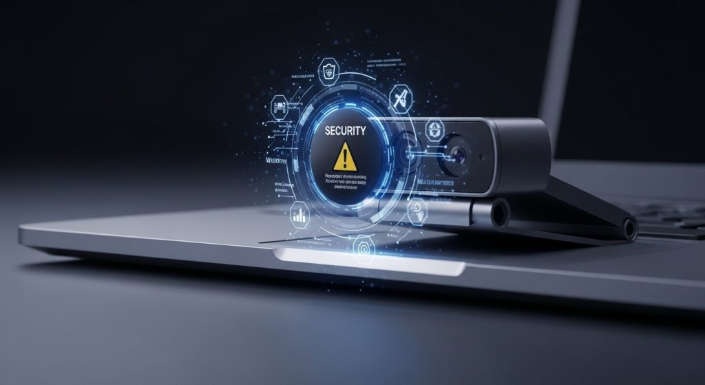 노트북 웹캠 앞에 보안 경고 아이콘과 디지털 보호 UI가 표시된 이미지