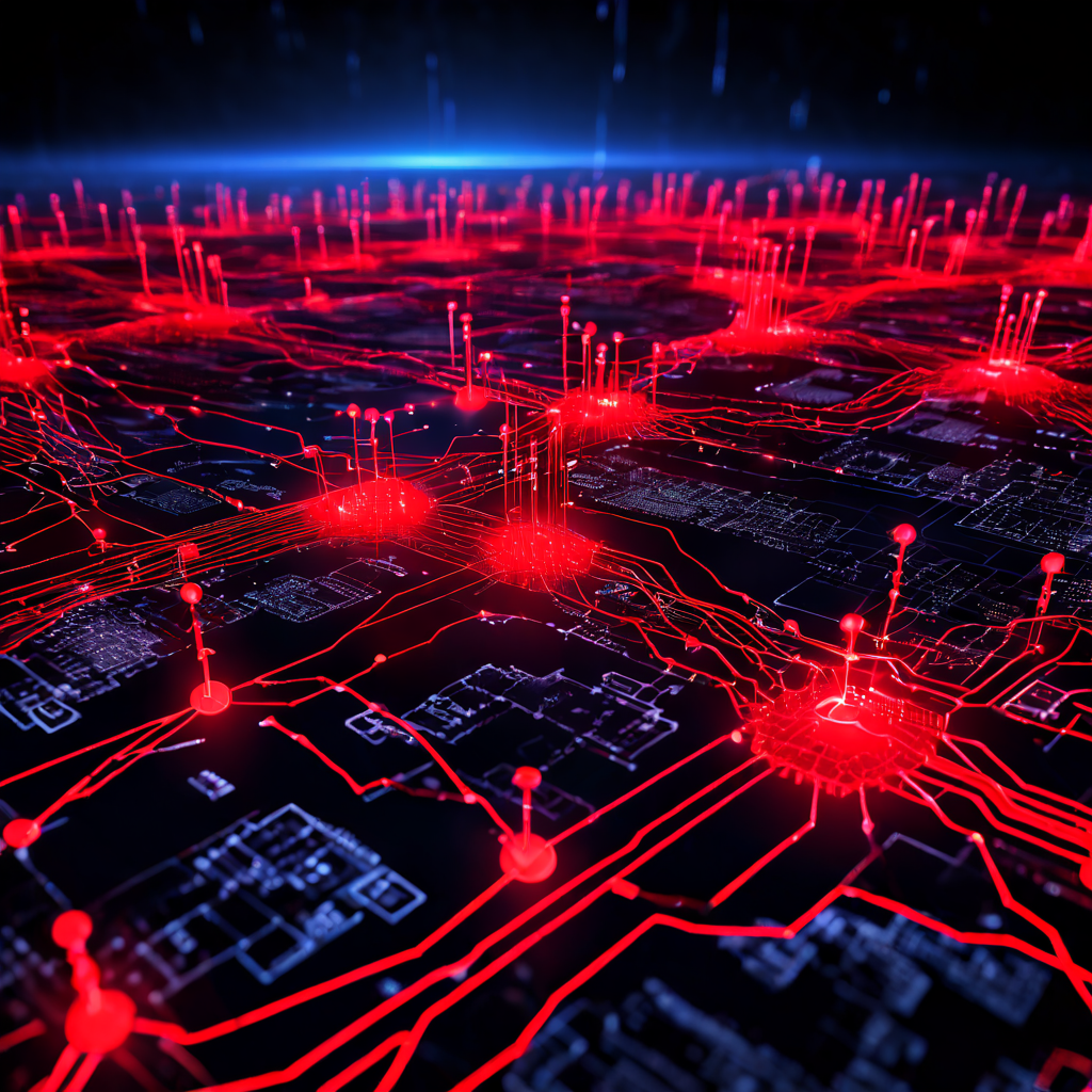 블록체인 네트워크에서 과도한 거래 수수료가 빨간색 이상 노드로 표시되고 데이터와 코인 형태로 추출되는 현상을 시각화한 디지털 맵 이미지입니다.