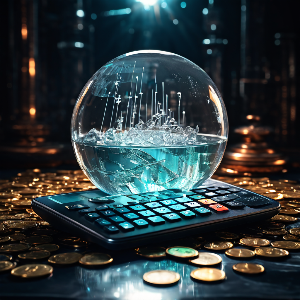 계산기가 녹아 동전 웅덩이로 변하고 금이 간 수정구슬이 나란히 놓여 있으며, 뒷배경에는 유령처럼 흐릿한 주식 차트가 펼쳐진 재정 예측의 불확실성을 상징하는 이미지입니다.