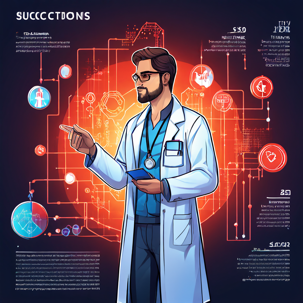 블록체인의 토크노믹스와 지속가능성을 의료 차트와 그래프로 분석하며, 백의를 입은 의사가 지속가능성 진단을 가리키는 개념 이미지입니다.