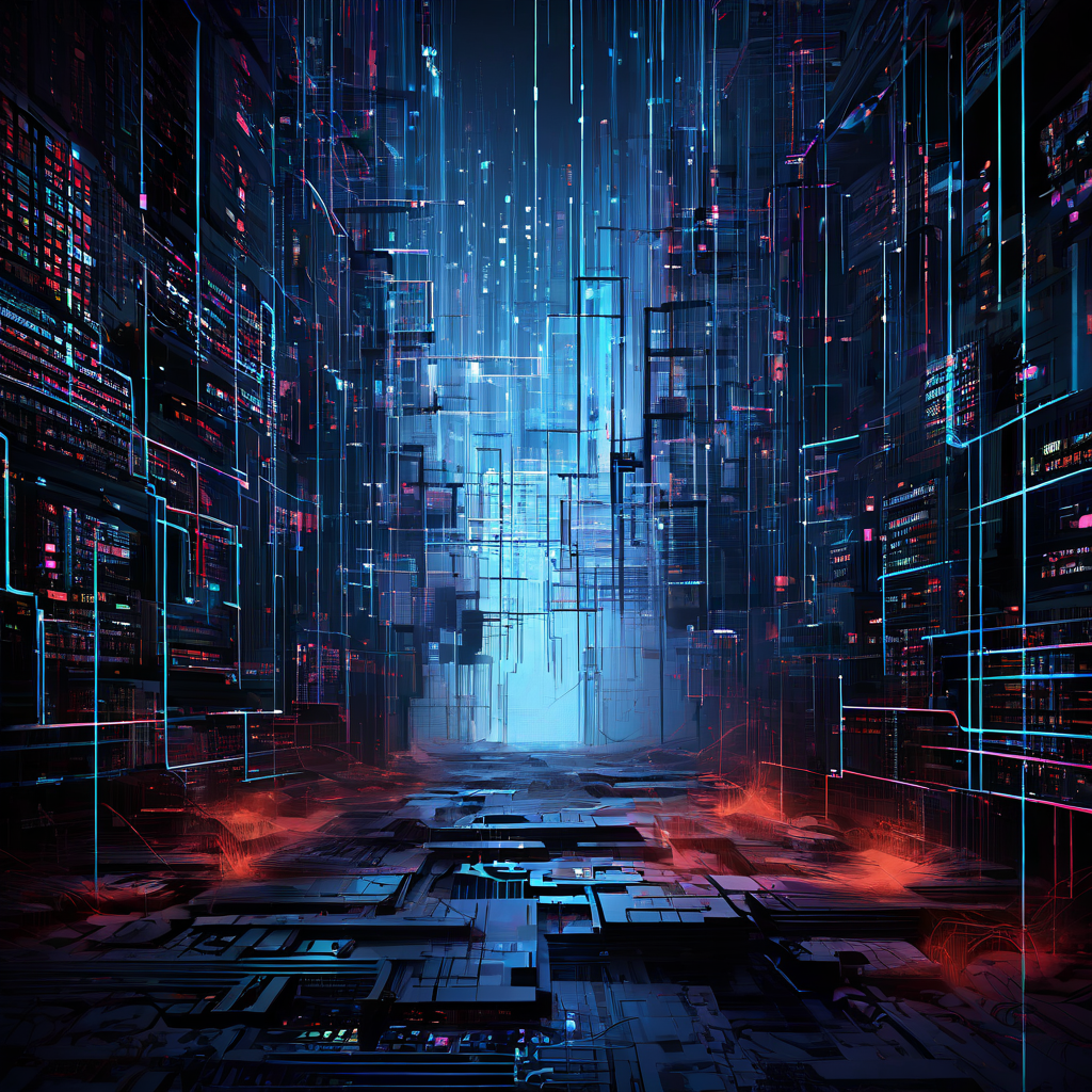 파란색과 녹색의 데이터 흐름이 깨진 핵심에서 쏟아져 나와 주변을 어지럽게 뒤덮고 있습니다.