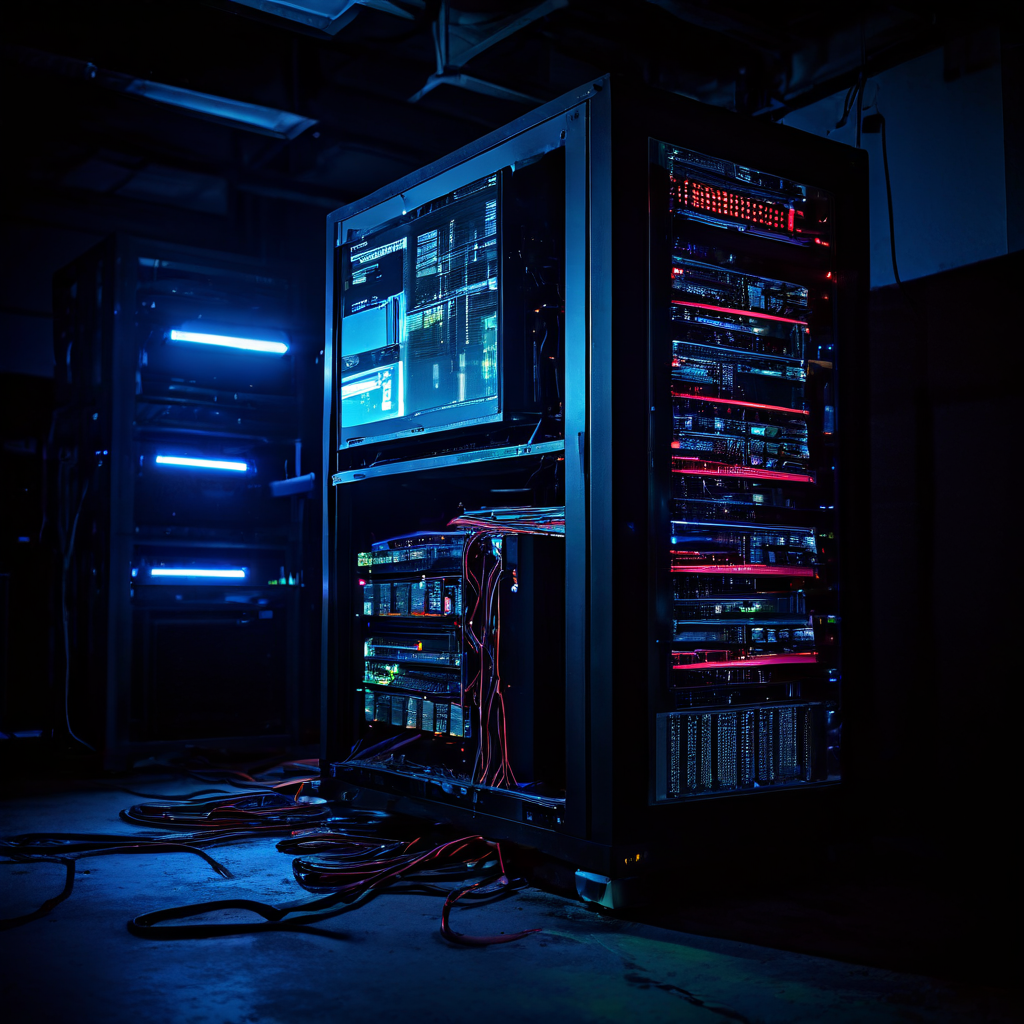 어두운 방에서 서버의 내부 조명이 깜빡이며 꺼지고, 모니터에 희미한 시스템 오류 메시지가 나타난 모습이다.