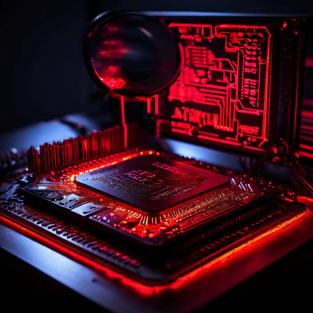 빨갛게 과열된 CPU가 있는 컴퓨터 메인보드 옆에 경고 아이콘이 뜬 설정 창이 보입니다. 확대경은 한계치를 넘은 온도 그래프를 가리키고 있습니다.