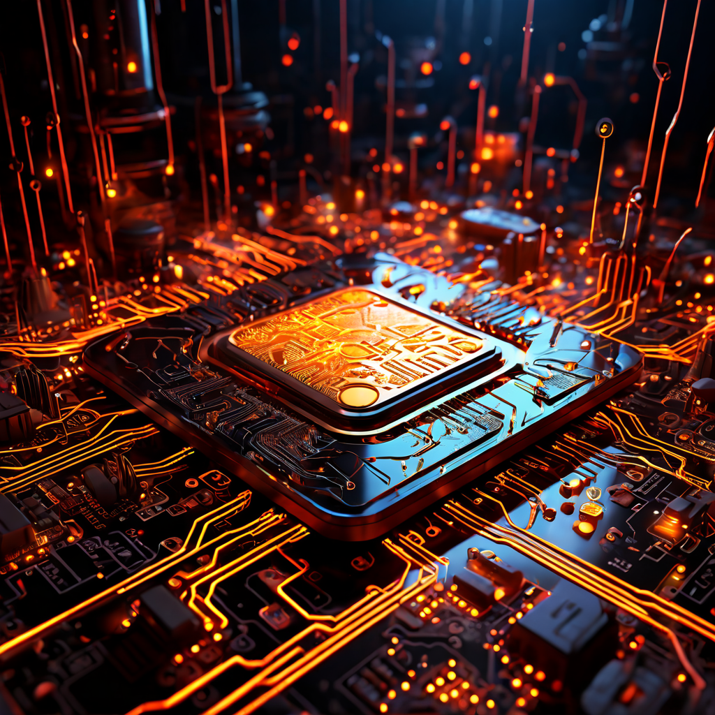 금이 흐르는 시계와 오류 로그가 흩어진 가운데, 금이 가고 빛나는 CPU가 복잡한 회로 기판 위에 놓여 있습니다.