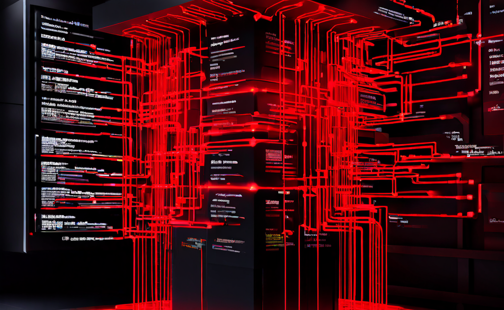 서버 병목 현상으로 데이터 흐름이 얇아지고 과부하된 구간이 붉게 표시된 반면, 다른 자원들은 유휴 상태로 회색 처리된 시스템 리소스 불균형 플로우차트입니다.