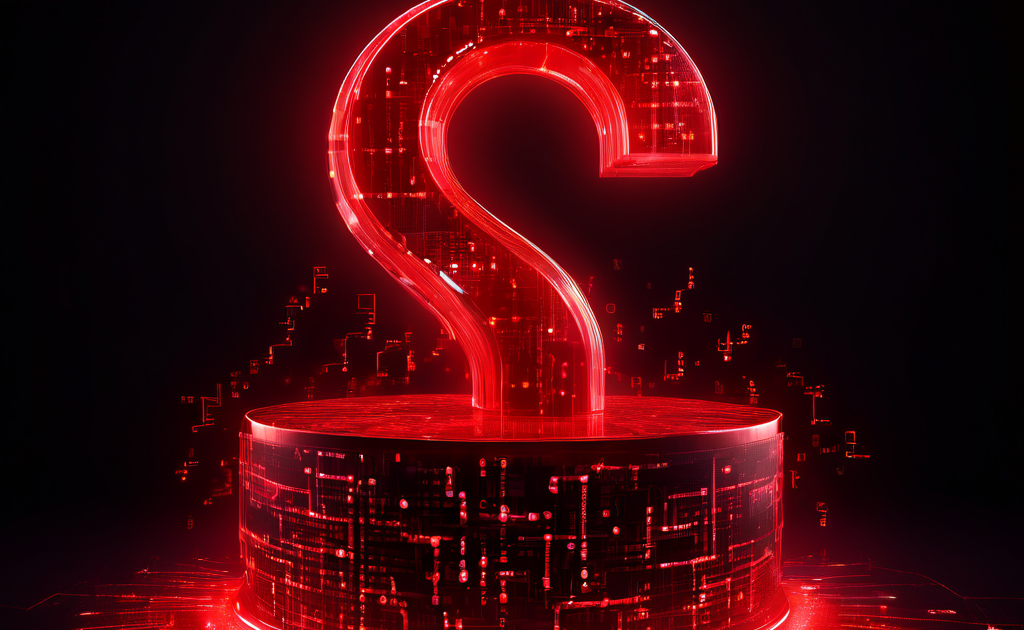 디지털 데이터베이스의 무결성을 의심하게 만드는 빨간색 물음표가 저장된 데이터 스트림 위에 떠 있는 모습을 상징적으로 표현한 이미지입니다.