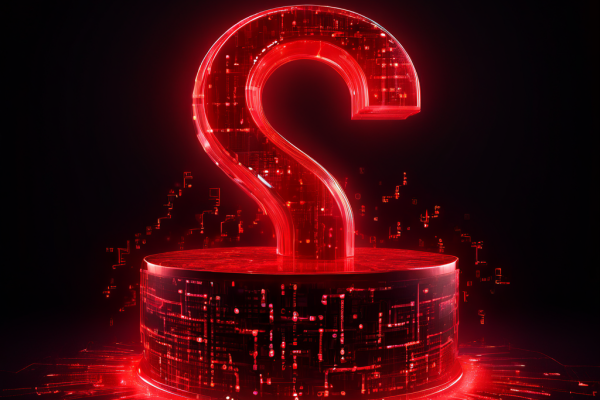 디지털 데이터베이스의 무결성을 의심하게 만드는 빨간색 물음표가 저장된 데이터 스트림 위에 떠 있는 모습을 상징적으로 표현한 이미지입니다.