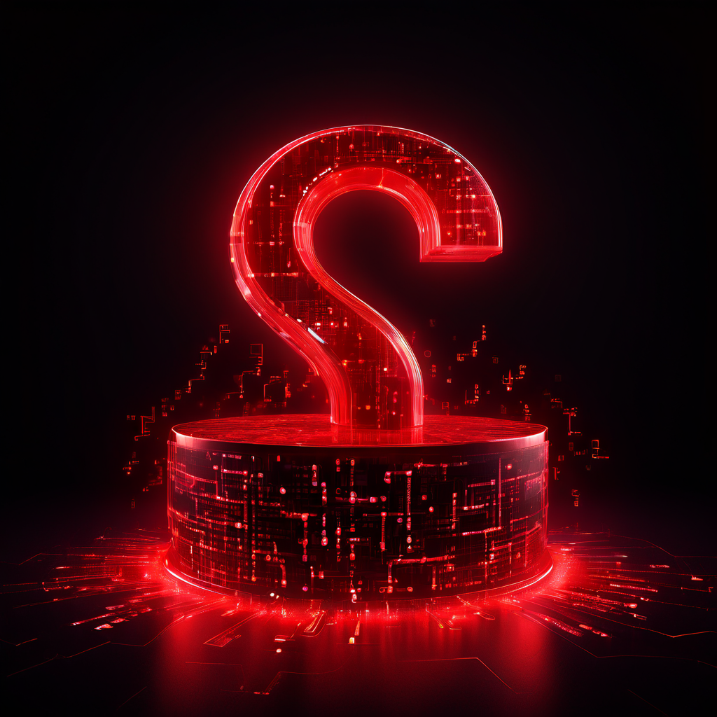 디지털 데이터베이스의 무결성을 의심하게 만드는 빨간색 물음표가 저장된 데이터 스트림 위에 떠 있는 모습을 상징적으로 표현한 이미지입니다.