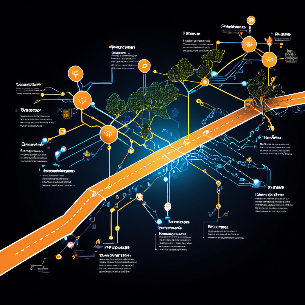 네트워크의 분기형 성장과 진화 과정을 보여주는 로드맵 다이어그램으로, 기술 발전 방향을 제시하는 화살표가 미래 기술 지평을 향하고 있습니다.