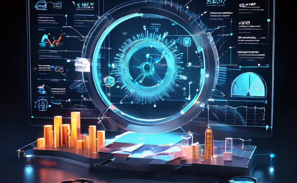 블록체인 합의 메커니즘의 성능 분석을 3D 기어와 중첩된 실시간 그래프, 진단 아이콘을 통해 시각적으로 설명하는 개념 이미지입니다.