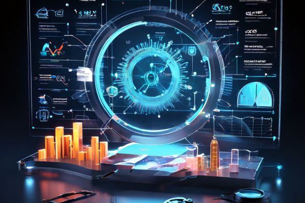 블록체인 합의 메커니즘의 성능 분석을 3D 기어와 중첩된 실시간 그래프, 진단 아이콘을 통해 시각적으로 설명하는 개념 이미지입니다.