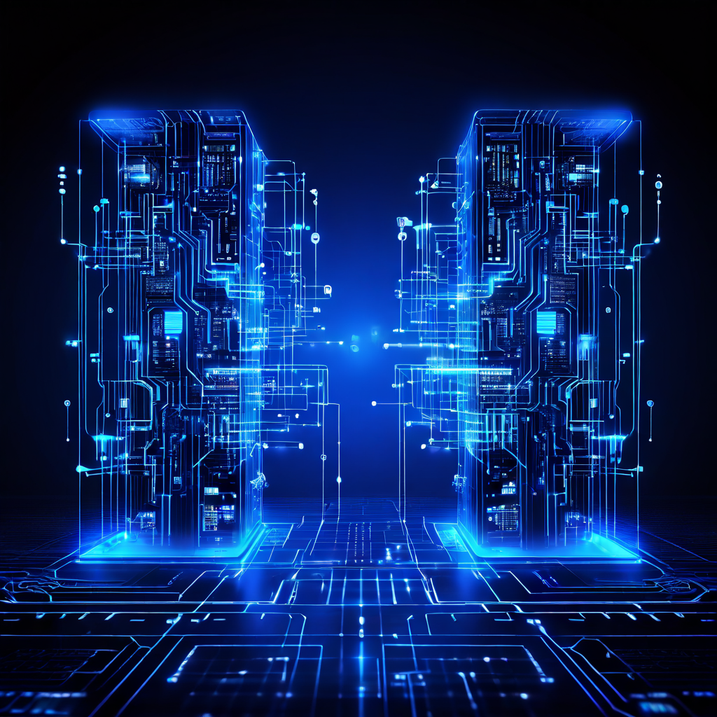 중첩된 두 개의 가상 머신 내부를 구성하는 계층적 코드와 네트워크 연결 구조를 깔끔한 미래형 디지털 블루프린트로 시각화한 기술 설명 이미지입니다.